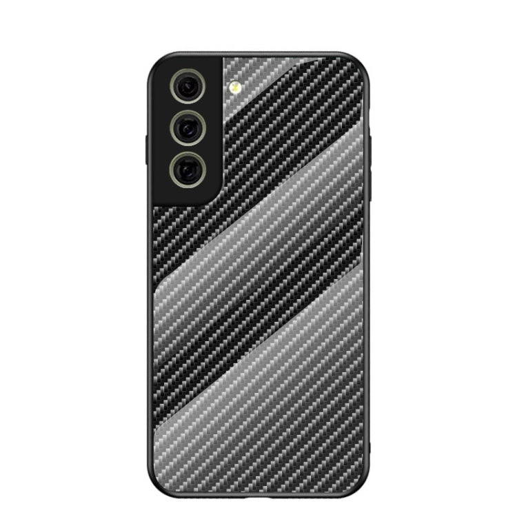 For Samsung Galaxy S21 FE 5G Gradient Carbon Fiber Texture TPU Border Tempered Glass Case
