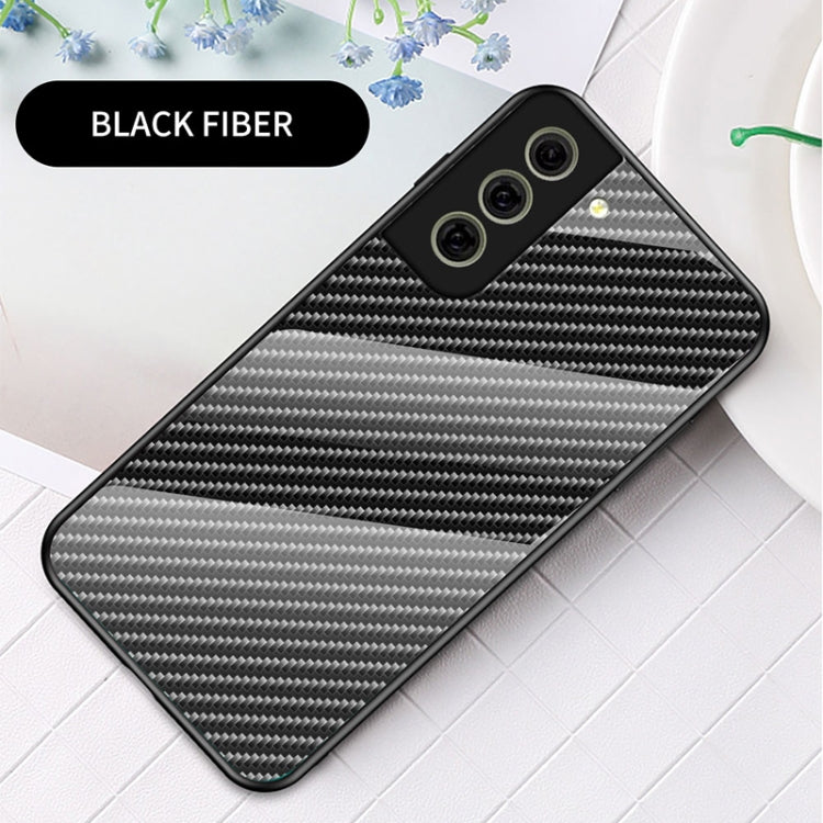 For Samsung Galaxy S21 FE 5G Gradient Carbon Fiber Texture TPU Border Tempered Glass Case