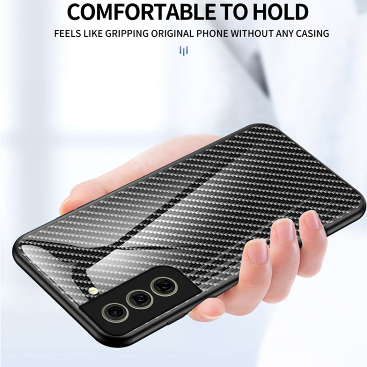 For Samsung Galaxy S21 FE 5G Gradient Carbon Fiber Texture TPU Border Tempered Glass Case