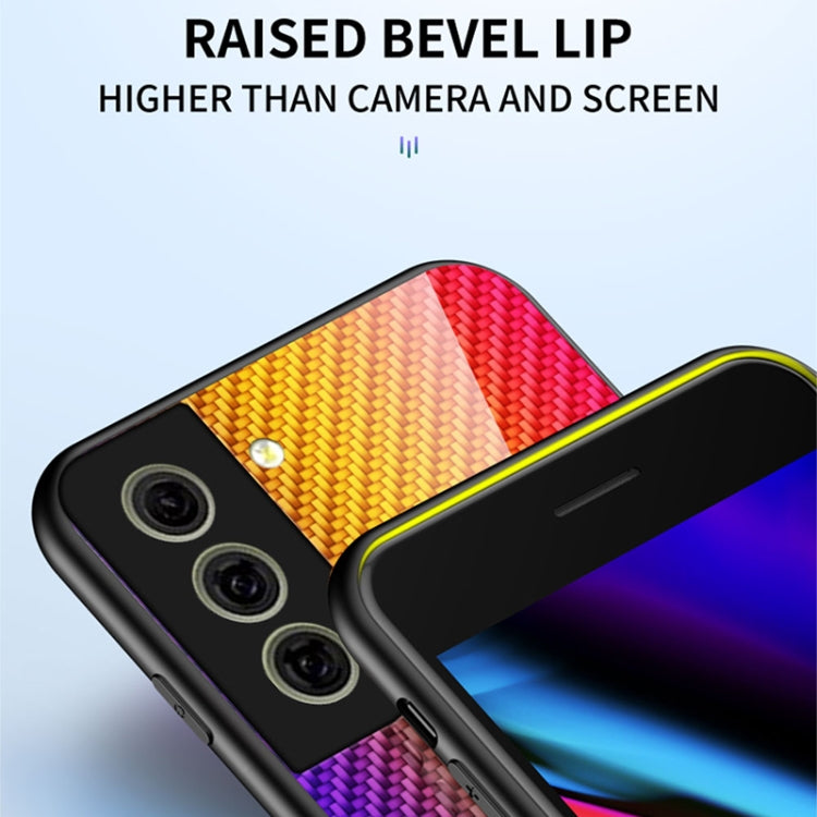 For Samsung Galaxy S21 FE 5G Gradient Carbon Fiber Texture TPU Border Tempered Glass Case