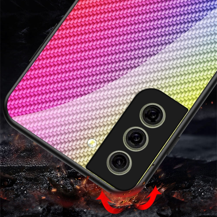 For Samsung Galaxy S21 FE 5G Gradient Carbon Fiber Texture TPU Border Tempered Glass Case