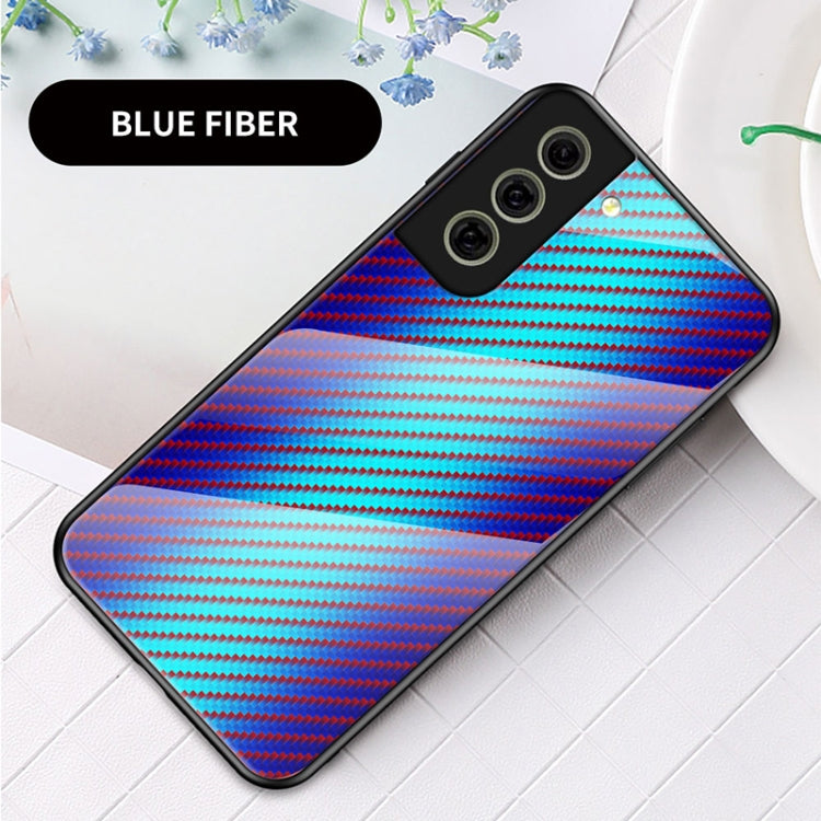 For Samsung Galaxy S21 FE 5G Gradient Carbon Fiber Texture TPU Border Tempered Glass Case