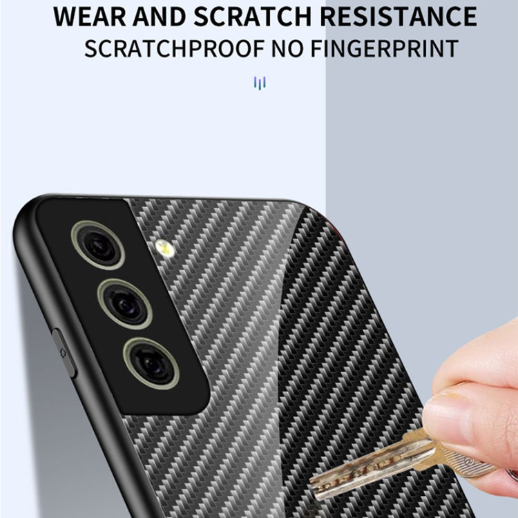 For Samsung Galaxy S21 FE 5G Gradient Carbon Fiber Texture TPU Border Tempered Glass Case