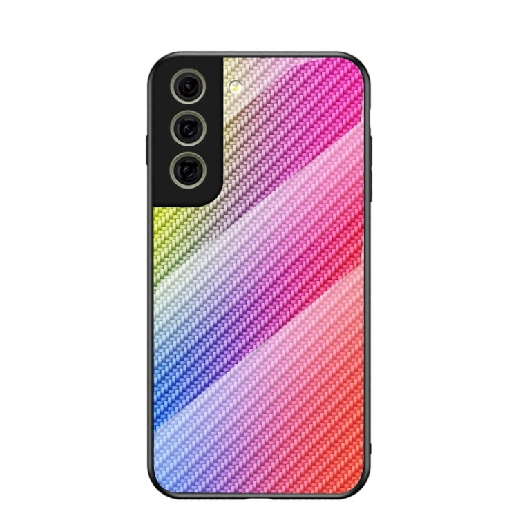 For Samsung Galaxy S21 FE 5G Gradient Carbon Fiber Texture TPU Border Tempered Glass Case