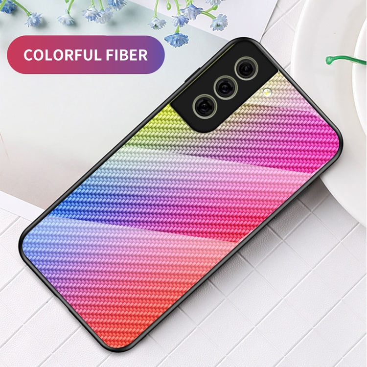 For Samsung Galaxy S21 FE 5G Gradient Carbon Fiber Texture TPU Border Tempered Glass Case
