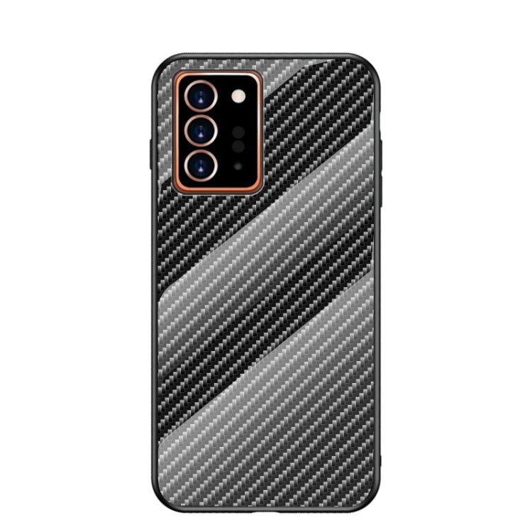 For Samsung Galaxy Note20 Ultra Gradient Carbon Fiber Texture TPU Border Tempered Glass Case