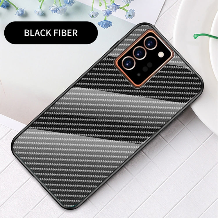 For Samsung Galaxy Note20 Ultra Gradient Carbon Fiber Texture TPU Border Tempered Glass Case