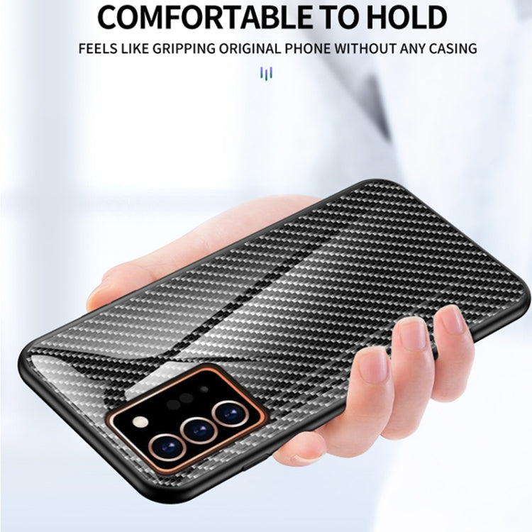 For Samsung Galaxy Note20 Ultra Gradient Carbon Fiber Texture TPU Border Tempered Glass Case