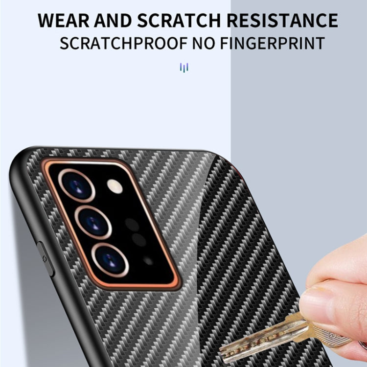 For Samsung Galaxy Note20 Ultra Gradient Carbon Fiber Texture TPU Border Tempered Glass Case