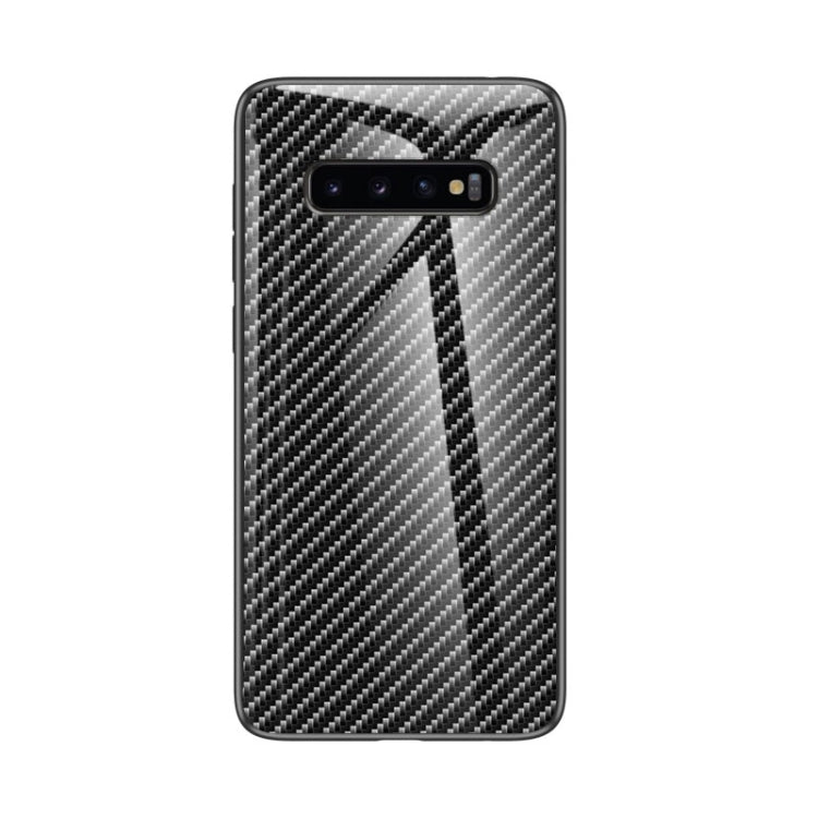 For Samsung Galaxy S10 Gradient Carbon Fiber Texture TPU Border Tempered Glass Case