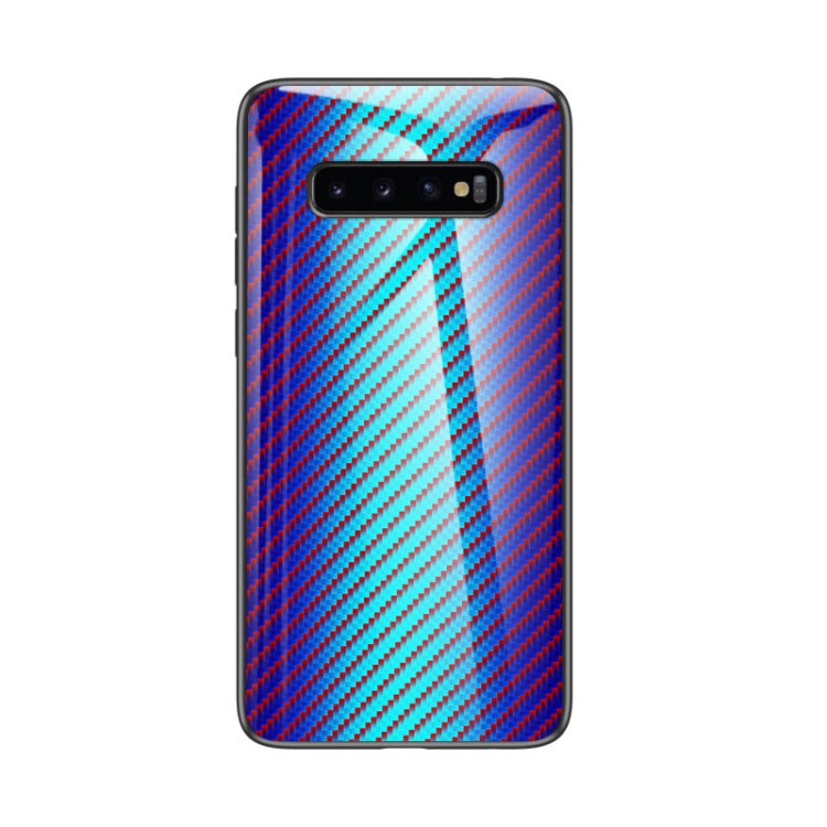 For Samsung Galaxy S10 Gradient Carbon Fiber Texture TPU Border Tempered Glass Case