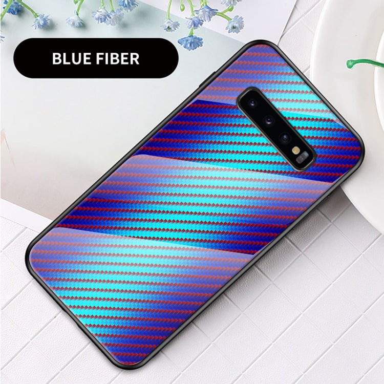 For Samsung Galaxy S10 Gradient Carbon Fiber Texture TPU Border Tempered Glass Case