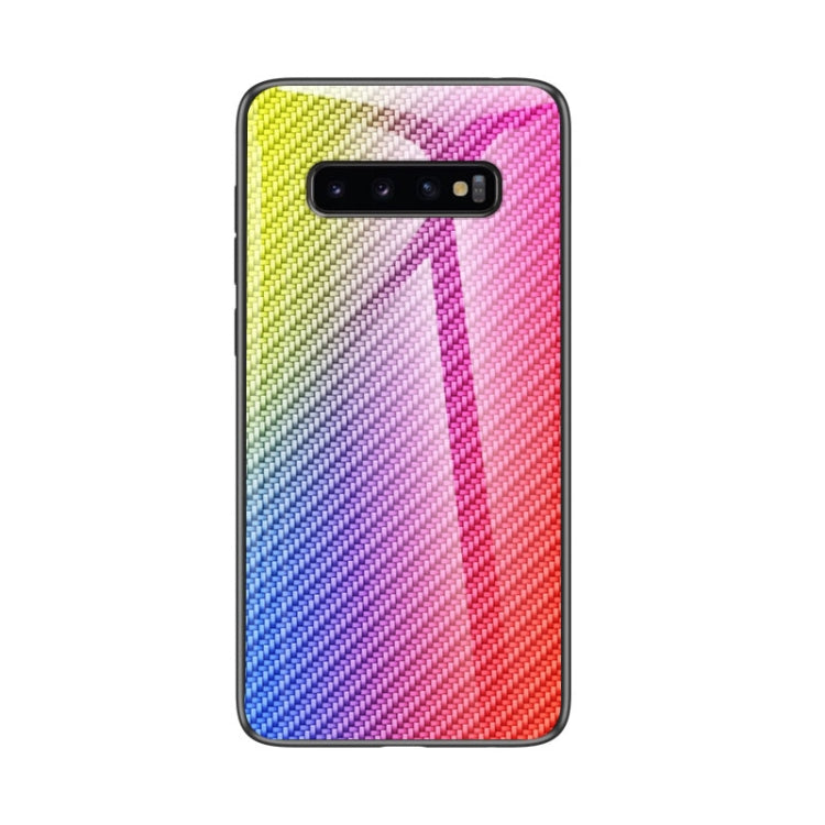For Samsung Galaxy S10 Gradient Carbon Fiber Texture TPU Border Tempered Glass Case