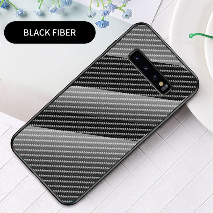 For Samsung Galaxy S10+ Gradient Carbon Fiber Texture TPU Border Tempered Glass Case
