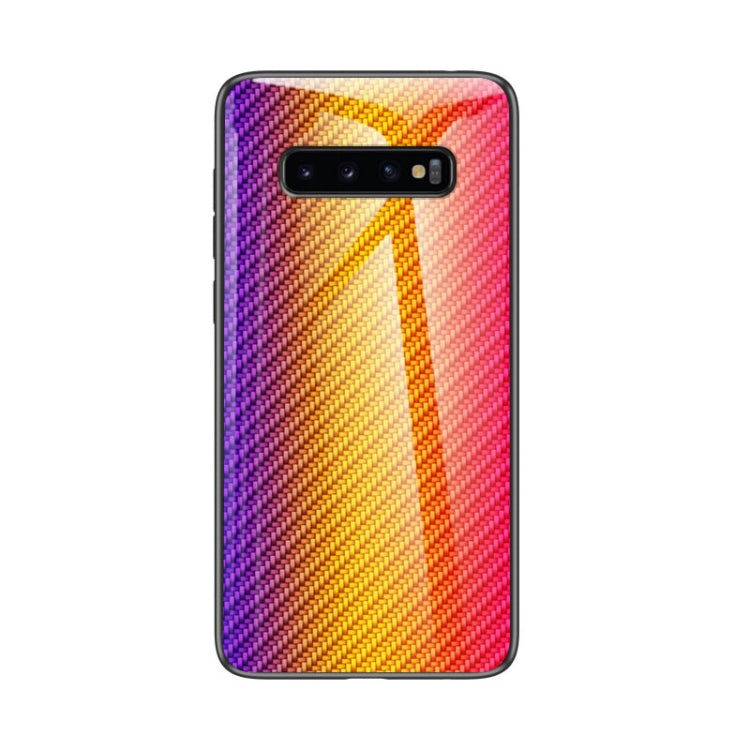 For Samsung Galaxy S10+ Gradient Carbon Fiber Texture TPU Border Tempered Glass Case