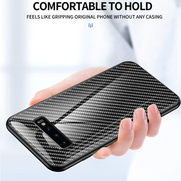 For Samsung Galaxy S10+ Gradient Carbon Fiber Texture TPU Border Tempered Glass Case