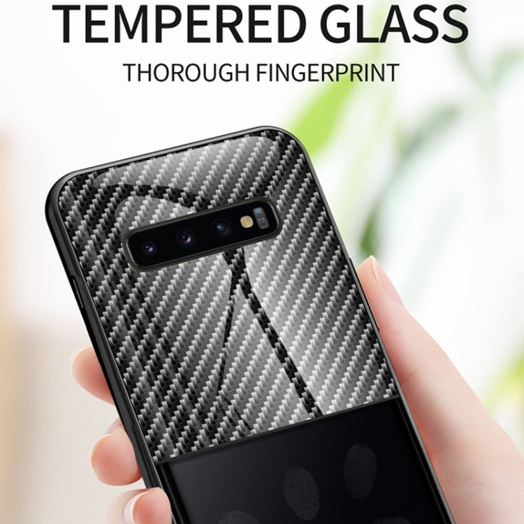 For Samsung Galaxy S10+ Gradient Carbon Fiber Texture TPU Border Tempered Glass Case