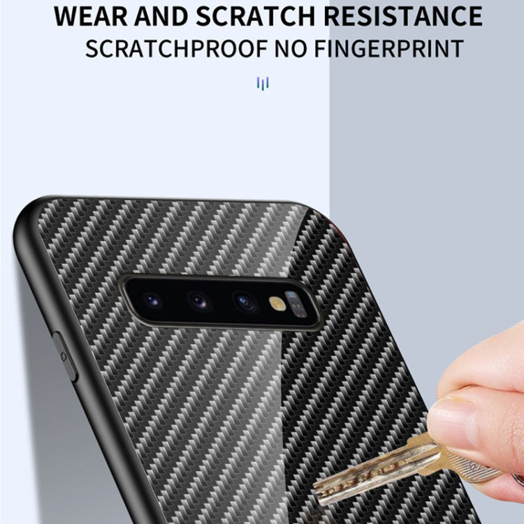 For Samsung Galaxy S10+ Gradient Carbon Fiber Texture TPU Border Tempered Glass Case