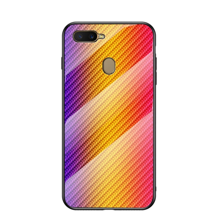 For OPPO A12 / A7 Gradient Carbon Fiber Texture TPU Border Tempered Glass Case