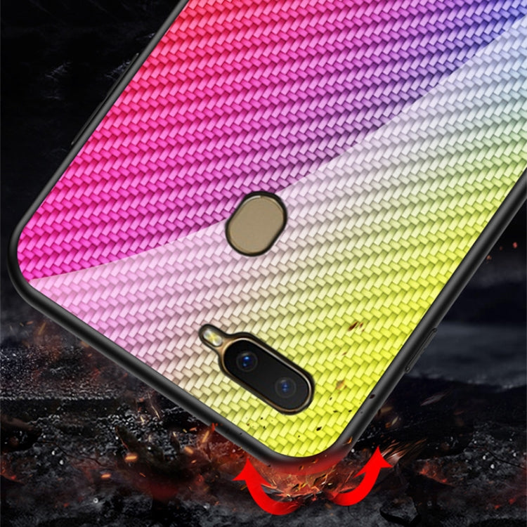 For OPPO A12 / A7 Gradient Carbon Fiber Texture TPU Border Tempered Glass Case