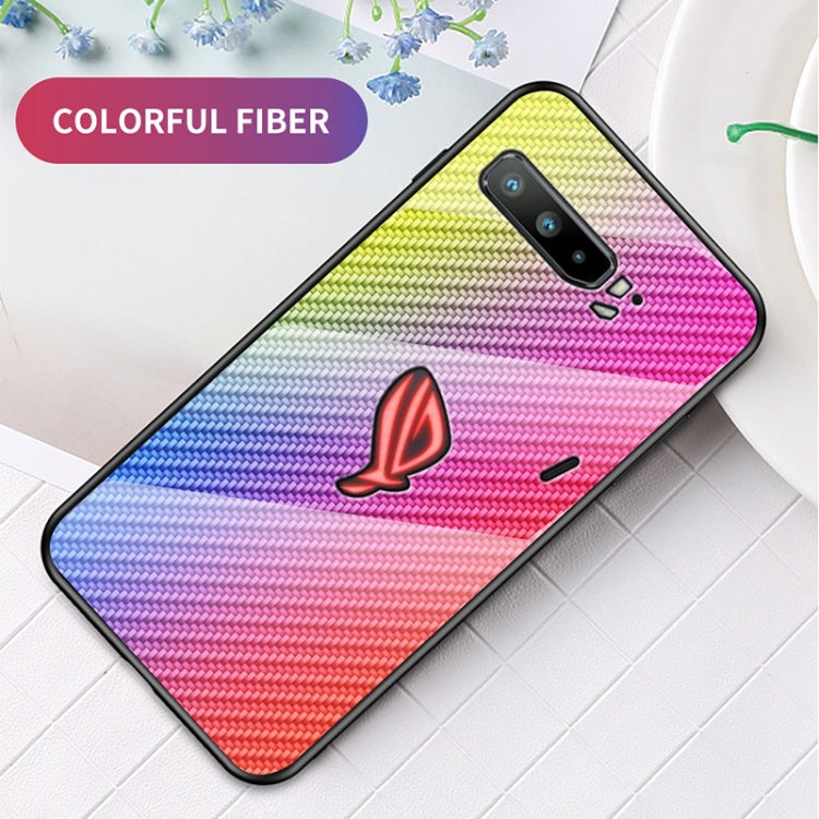 For Asus ROG Phone 3 Gradient Carbon Fiber Texture TPU Border Tempered Glass Case