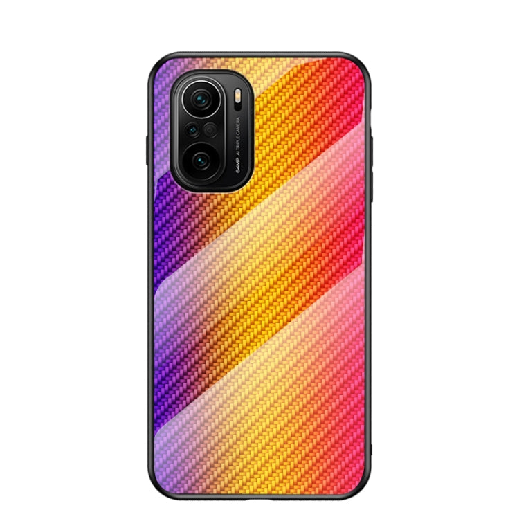 For Xiaomi Redmi K40 / Poco F3 Gradient Carbon Fiber Texture TPU Border Tempered Glass Case