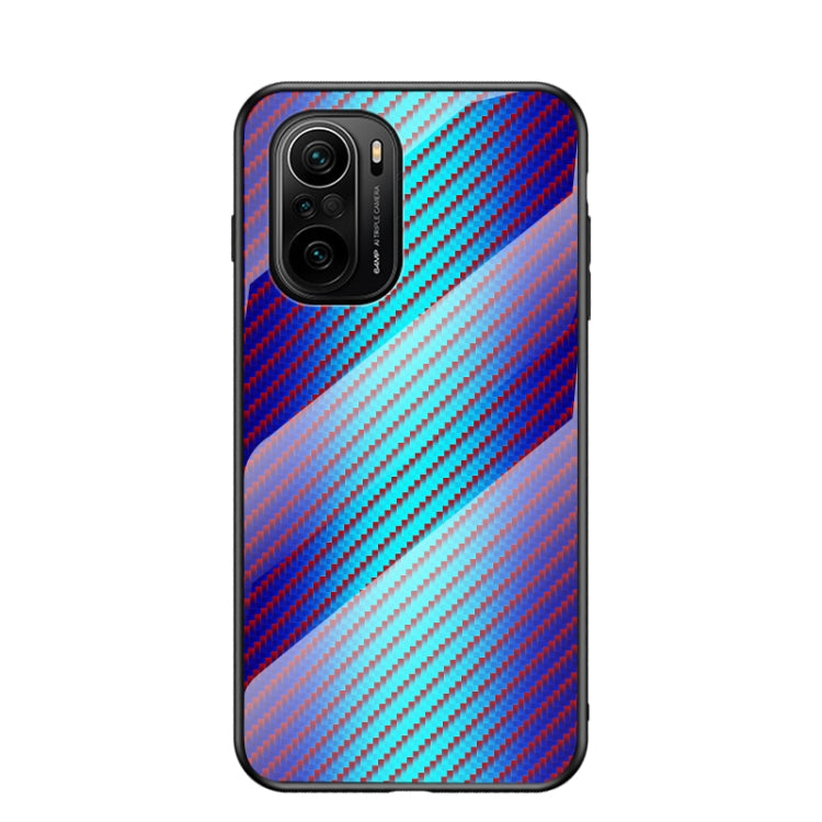 For Xiaomi Redmi K40 / Poco F3 Gradient Carbon Fiber Texture TPU Border Tempered Glass Case