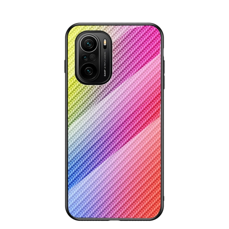 For Xiaomi Redmi K40 / Poco F3 Gradient Carbon Fiber Texture TPU Border Tempered Glass Case