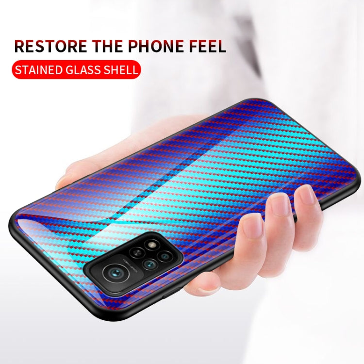 For Xiaomi Mi 10T Pro Gradient Carbon Fiber Texture TPU Border Tempered Glass Case