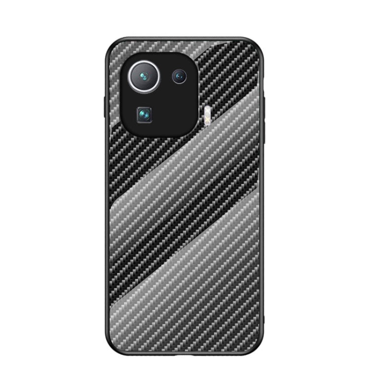 For Xiaomi Mi 11 Pro Gradient Carbon Fiber Texture TPU Border Tempered Glass Case