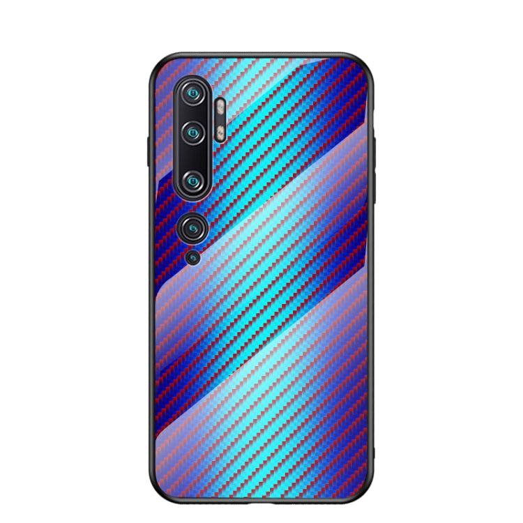 For Xiaomi Mi CC9 Pro Gradient Carbon Fiber Texture TPU Border Tempered Glass Case