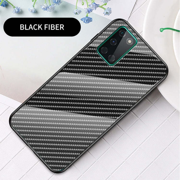 For OnePlus 8T Gradient Carbon Fiber Texture TPU Border Tempered Glass Case