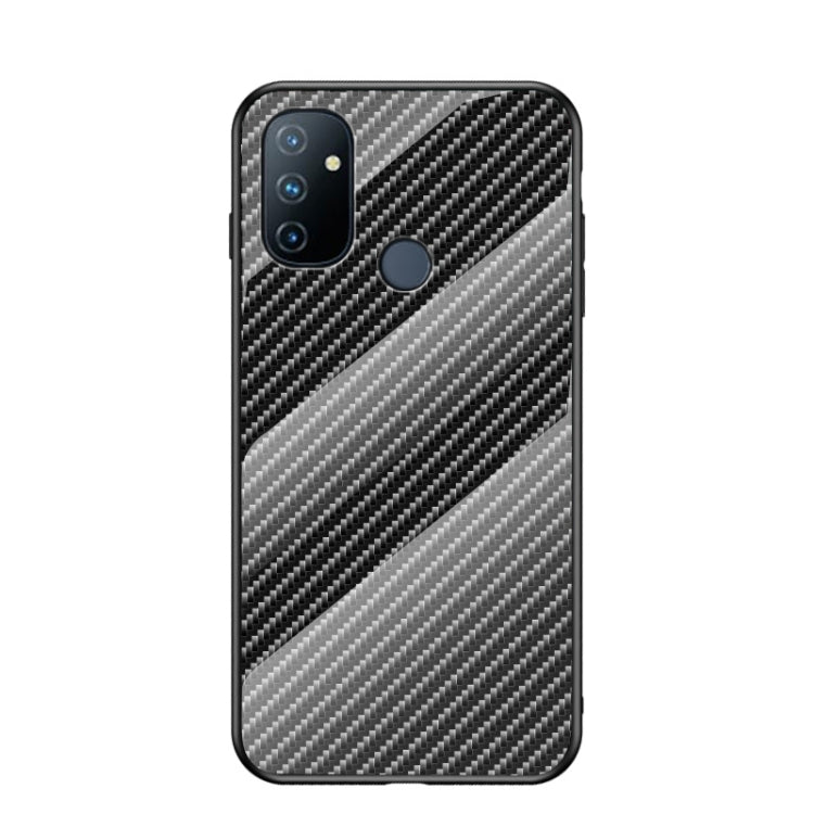 For OnePlus N100 5G Gradient Carbon Fiber Texture TPU Border Tempered Glass Case