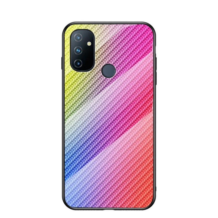 For OnePlus N100 5G Gradient Carbon Fiber Texture TPU Border Tempered Glass Case