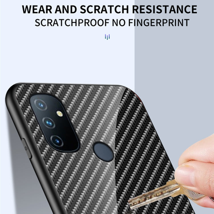 For OnePlus N100 5G Gradient Carbon Fiber Texture TPU Border Tempered Glass Case