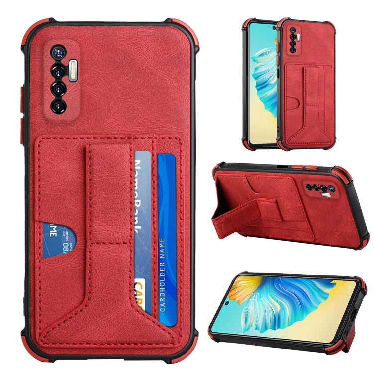 For Tecno Camon 17P Dream PU + TPU Four-corner Shockproof Back Cover Case with Card Slots & Holder