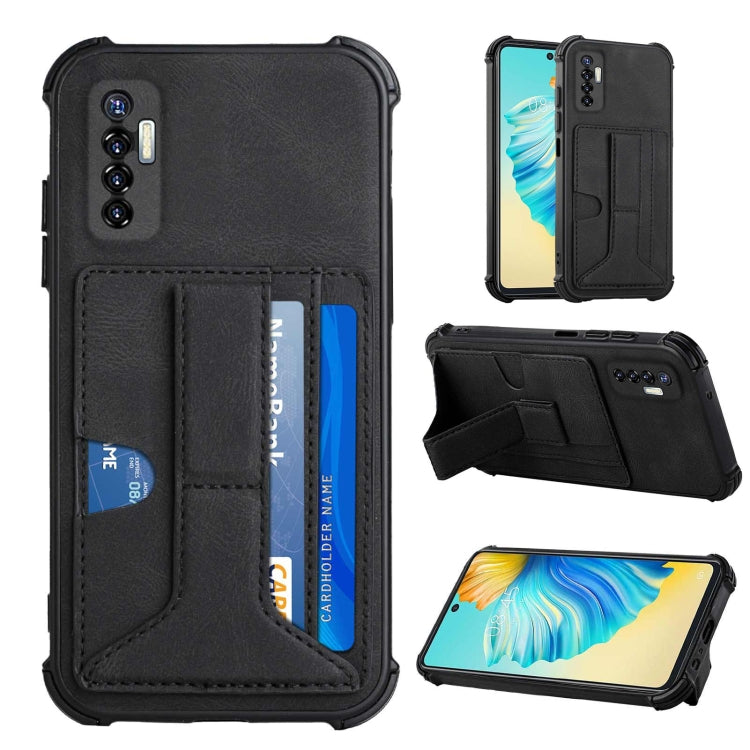 For Tecno Camon 17P Dream PU + TPU Four-corner Shockproof Back Cover Case with Card Slots & Holder