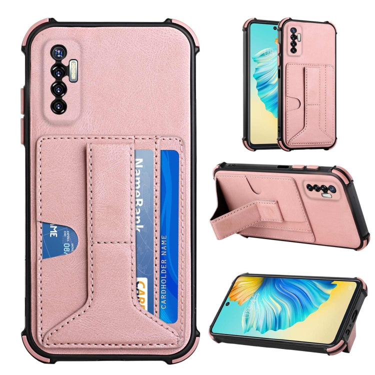 For Tecno Camon 17P Dream PU + TPU Four-corner Shockproof Back Cover Case with Card Slots & Holder