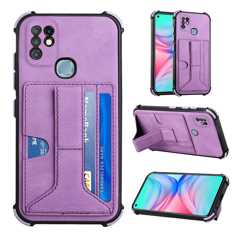 For Infinix Hot 10 Dream PU + TPU Four-corner Shockproof Back Cover Case with Card Slots & Holder