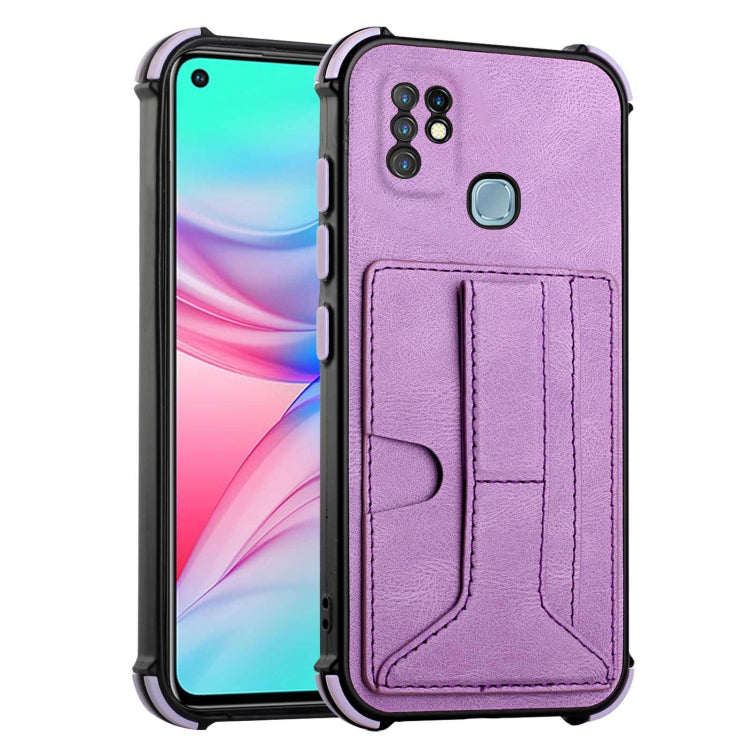 For Infinix Hot 10 Dream PU + TPU Four-corner Shockproof Back Cover Case with Card Slots & Holder