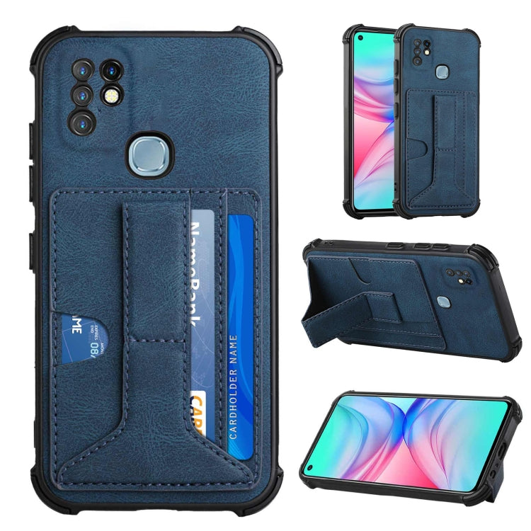 For Infinix Hot 10 Dream PU + TPU Four-corner Shockproof Back Cover Case with Card Slots & Holder