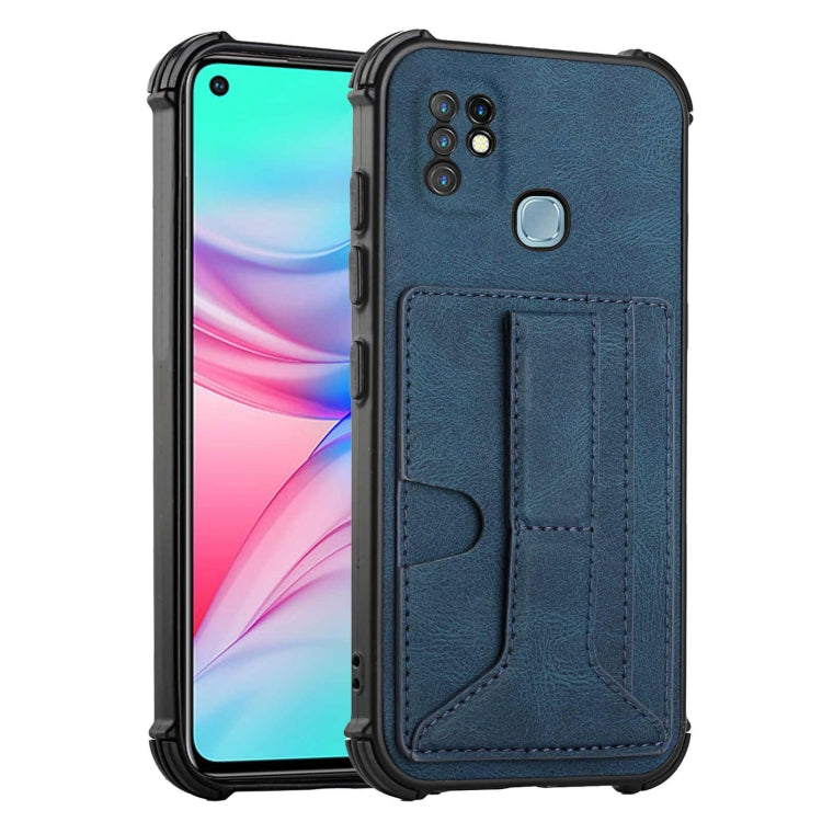 For Infinix Hot 10 Dream PU + TPU Four-corner Shockproof Back Cover Case with Card Slots & Holder