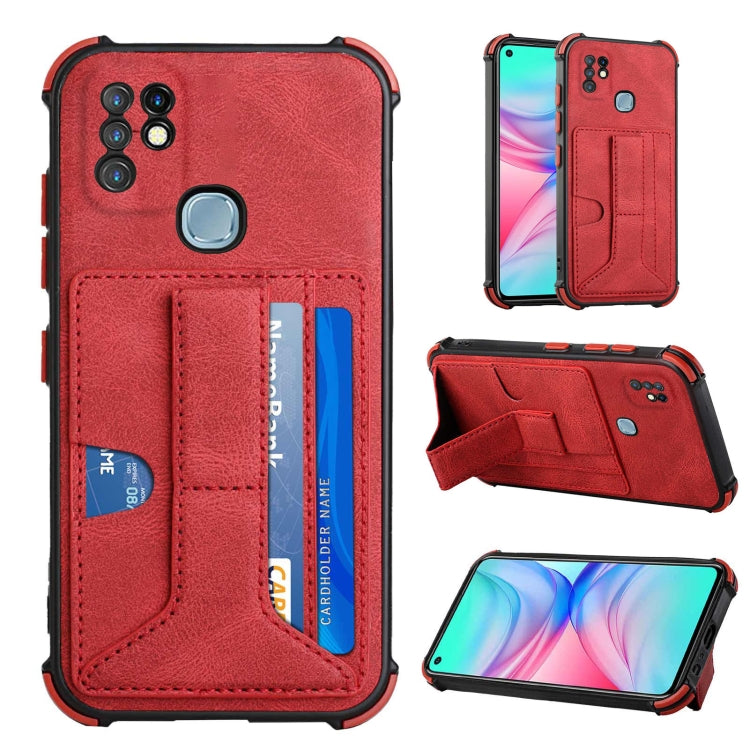 For Infinix Hot 10 Dream PU + TPU Four-corner Shockproof Back Cover Case with Card Slots & Holder