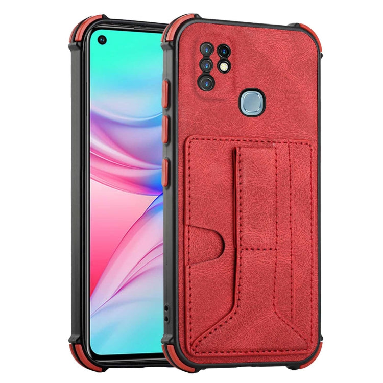 For Infinix Hot 10 Dream PU + TPU Four-corner Shockproof Back Cover Case with Card Slots & Holder