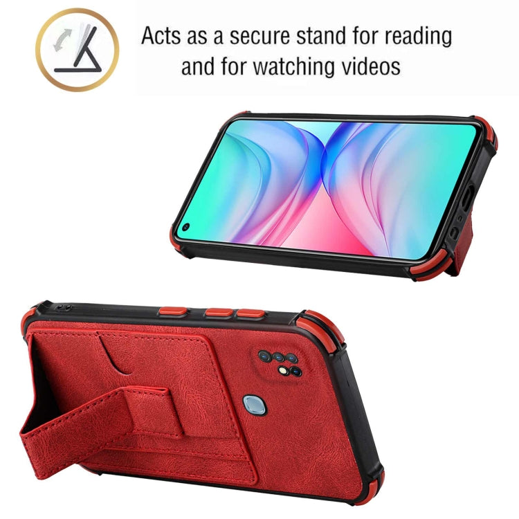 For Infinix Hot 10 Dream PU + TPU Four-corner Shockproof Back Cover Case with Card Slots & Holder