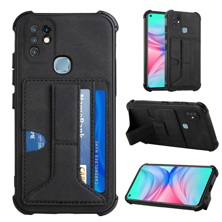 For Infinix Hot 10 Dream PU + TPU Four-corner Shockproof Back Cover Case with Card Slots & Holder