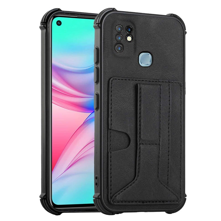 For Infinix Hot 10 Dream PU + TPU Four-corner Shockproof Back Cover Case with Card Slots & Holder