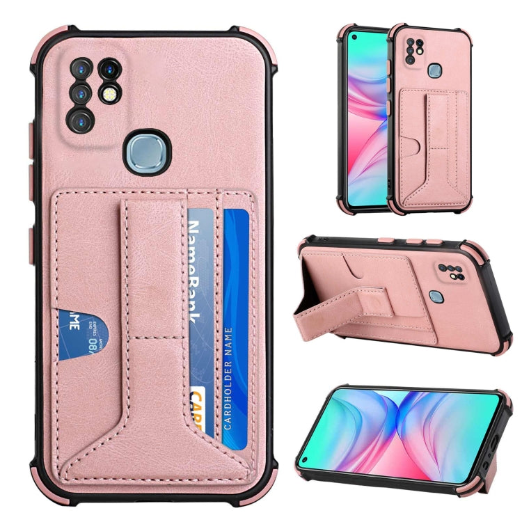 For Infinix Hot 10 Dream PU + TPU Four-corner Shockproof Back Cover Case with Card Slots & Holder