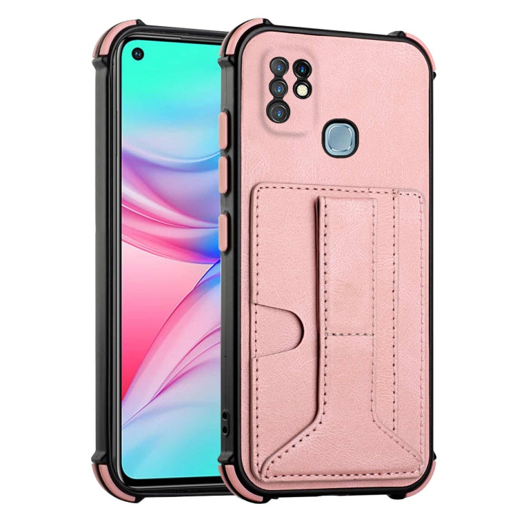 For Infinix Hot 10 Dream PU + TPU Four-corner Shockproof Back Cover Case with Card Slots & Holder