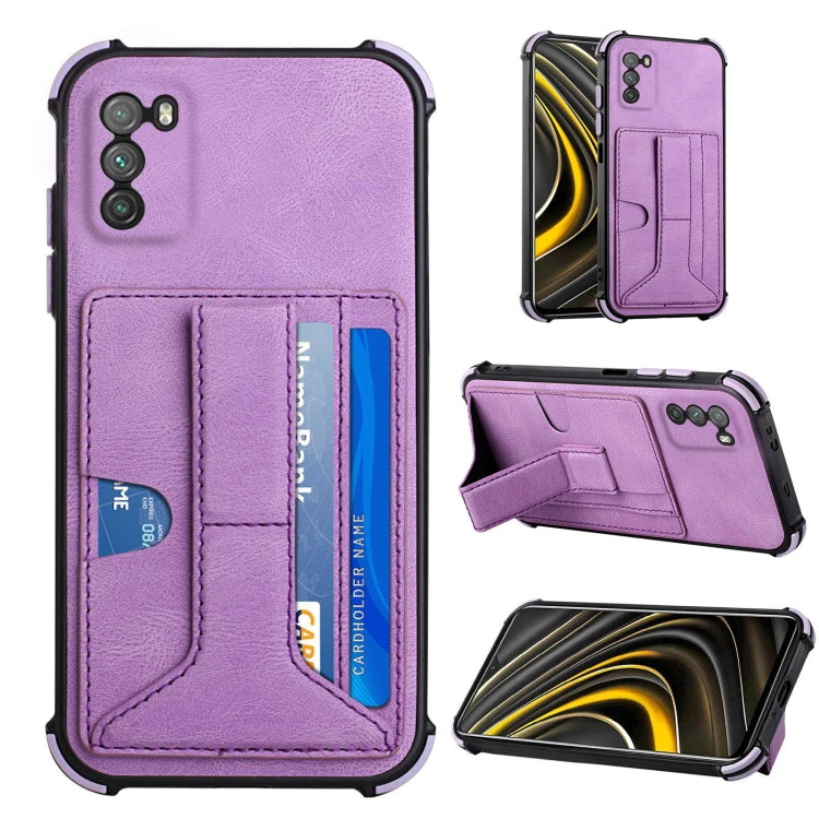 For Xiaomi Poco M3 Dream PU + TPU Four-corner Shockproof Back Cover Case with Card Slots & Holder